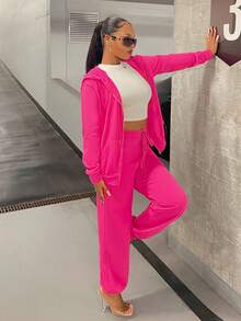 SHEIN X GiudiceGirls Zip Up Drawstring Hooded Sweatshirt - Hot Pink - View 5