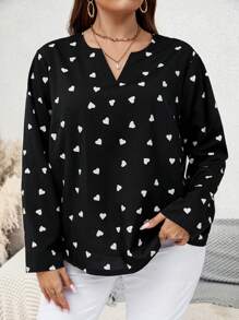SHEIN LUNE 大碼愛心圖案缺口領襯衫 - 黑與白 - 查看 2