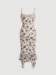 SHEIN MOD In hoa Nếp gấp Phần Ngực Fringe Hem Váy Dây - Màu be - Xem 2