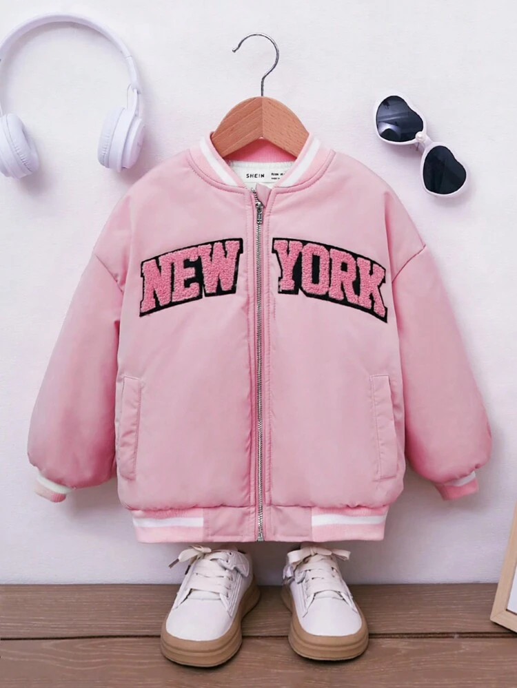 Young Girl Letter Graphic Striped Trim Drop Shoulder Bomber Jacket