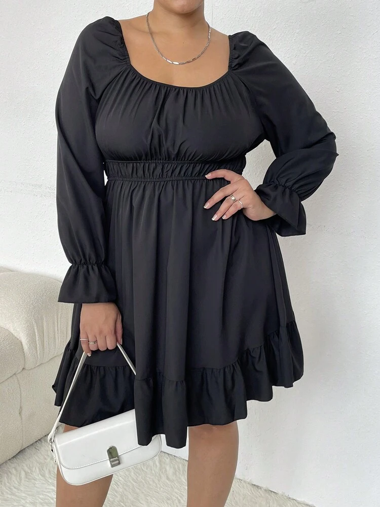 Plus Flounce Sleeve Ruffle Hem Dress
