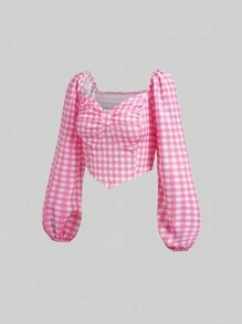 SHEIN Unity Bản in Gingham Nếp gấp Phần Ngực Tay áo lồng đèn Bandana Hem Áo sơ mi Crop - Hồng - Xem 3