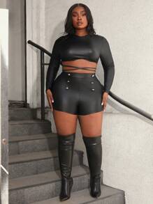 Slaydiva 大碼紐扣細節短褲 - 黑色 - 查看 1