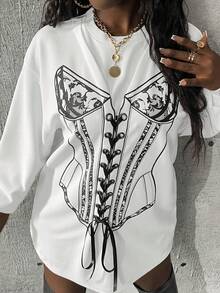 Slaydiva Graphic Print Lace Up Front Drop Shoulder Sweatshirt - White - View 5