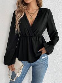 SHEIN Tall Guipure Lace Trim Lantern Sleeve Peplum Blouse