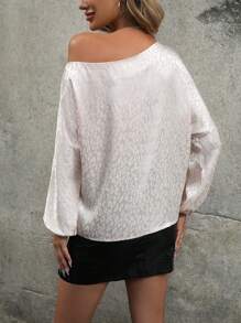 Chiquease Leopard Jacquard Asymmetrical Neck Lantern Sleeve Blouse - Apricot - View 2