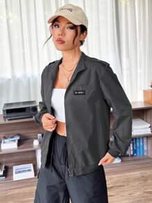 SHEIN EZwear Letter Patched Detail Zip Up Jacket - Grey - View 3