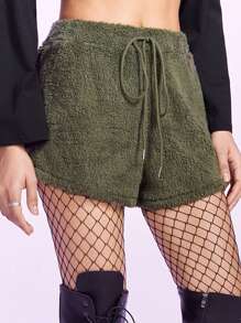 The Powerpuff Girls | ROMWE Shorts con bordado de estrella teddy - Verde militar - Ver 4