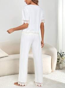 蕾絲拼接睡衣套裝 - 白色 - 查看 2