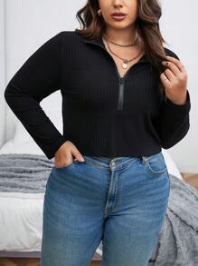 SHEIN CURVE+ Plus Half Zip Ribbed Knit Tee - Black - View 5