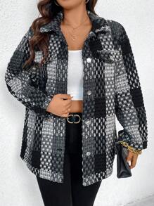 Flirla Plus Plaid Print Drop Shoulder Flap Pocket Coat - Black - View 1