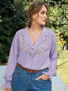 SHEIN Frenchy Hơn Thêu hoa Cổ bẻ Áo sơ mi - Màu tím hoa cà - Xem 1