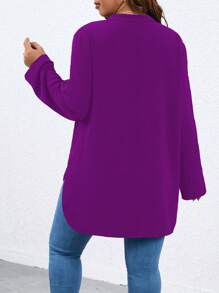 SHEIN LUNE Plus Notched Neck Roll Tab Sleeve High Low Hem Blouse - Purple - View 2