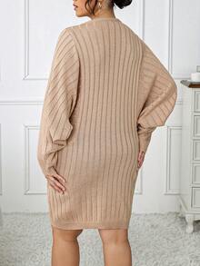 Calvaya Plus Batwing Sleeve Ribbed Knit Sweater Dress - Brown - View 2