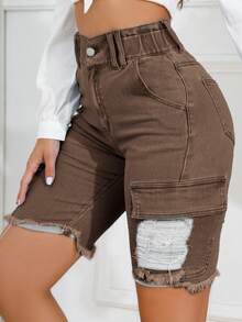 SHEIN EZwear 高腰破洞毛邊牛仔短褲 - 棕色 - 查看 4