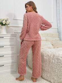Contrast Lace Trim Flannelette PJ Set - Pink - View 2