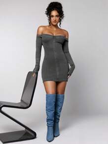 SHEIN BAE Off Shoulder Bodycon Denim Dress - Grey - View 4