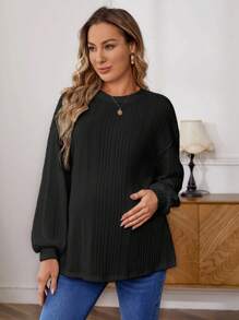 SHEIN 孕婦落肩袖條紋針織T恤 - 黑色 - 查看 1