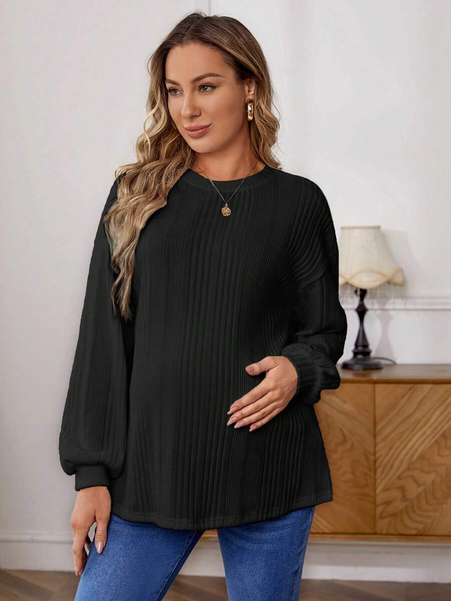 SHEIN 孕婦落肩袖條紋針織T恤 - 黑色 - 查看 1