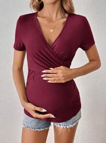 SHEIN Maternity Solid Wrap Cross Tee - Burgundy - View 4