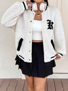 Flirla Hơn Thêu Chữ Sọc trang trí Thả vai Teddy Áo khoác bomber - Nhiều màu - Xem 1