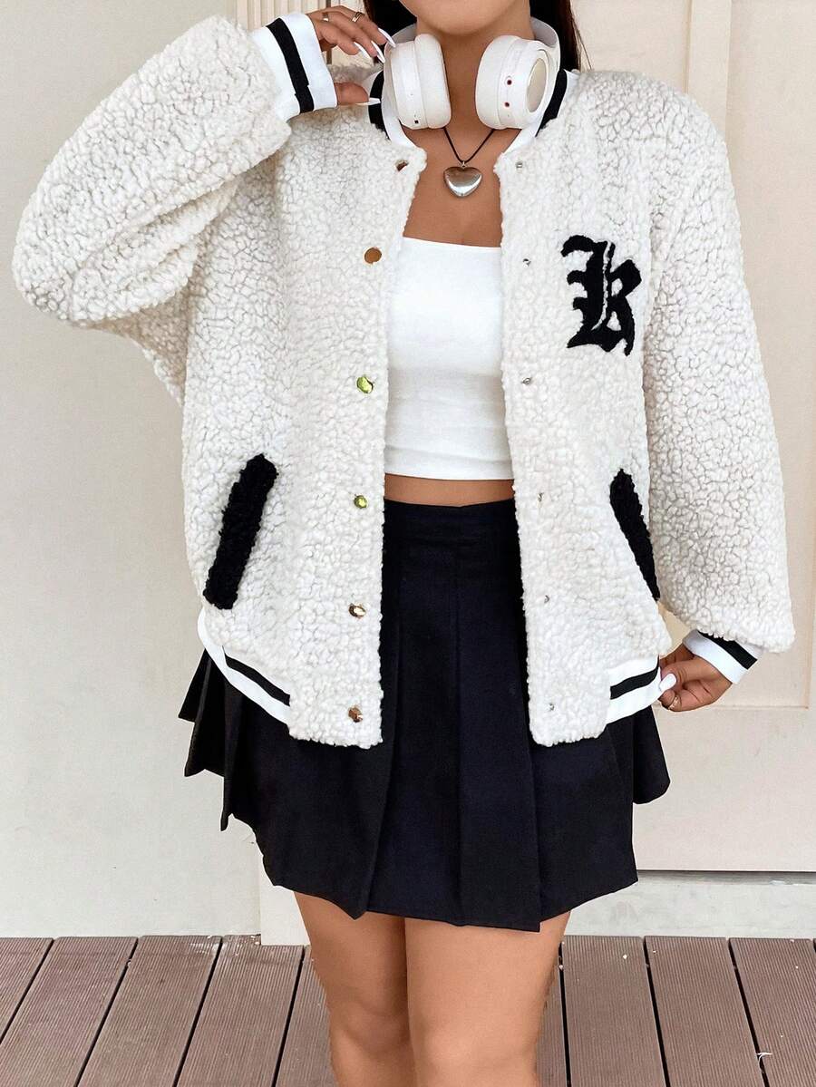 Flirla Hơn Thêu Chữ Sọc trang trí Thả vai Teddy Áo khoác bomber - Nhiều màu - Xem 1