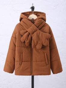 SHEIN Tween Boy Zip Up Hooded Padded Coat With Scarf - Brown - View 1