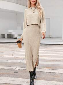 SHEIN Essnce 落肩T恤&高衩半身裙 - 杏色 - 查看 4