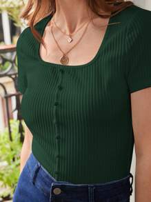 Poéselle 大圓領前紐扣條紋針織T恤 - 墨綠色 - 查看 4