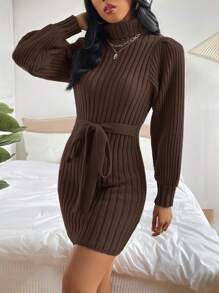 EURMUSE Turtleneck Ribbed Knit Belted Sweater Dress - Brown - View 4