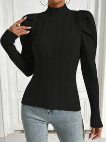 Chiquease Suéter de punto acanalado con cuello alto y mangas abullonadas para otoño e invierno - Negro - Ver 3