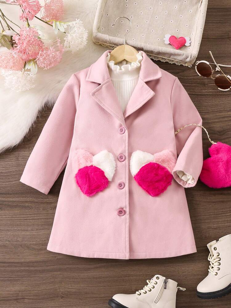Young Girl 1pc Heart Patched Lapel Neck Overcoat