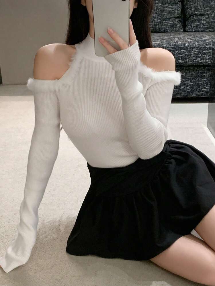 Women's Fuzzy Patchwork Off-Shoulder High Neck Knit Sweater, Autumn/Winter