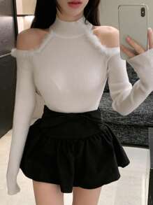 DAZY 女式毛绒拼布露肩高领针织毛衣，秋冬 - 白色 - 查看 6