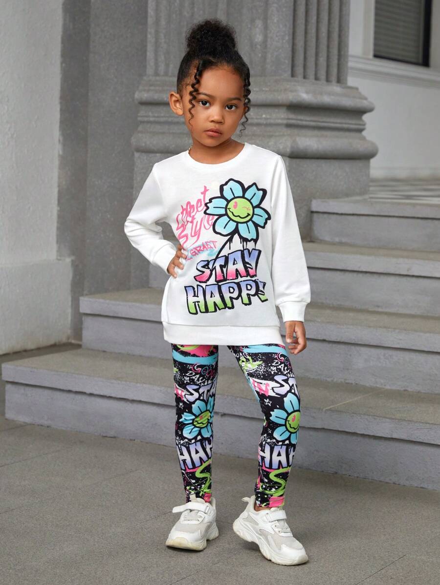 SHEIN Explorewe 女孩花卉和字母圖案套頭衫&緊身打底褲