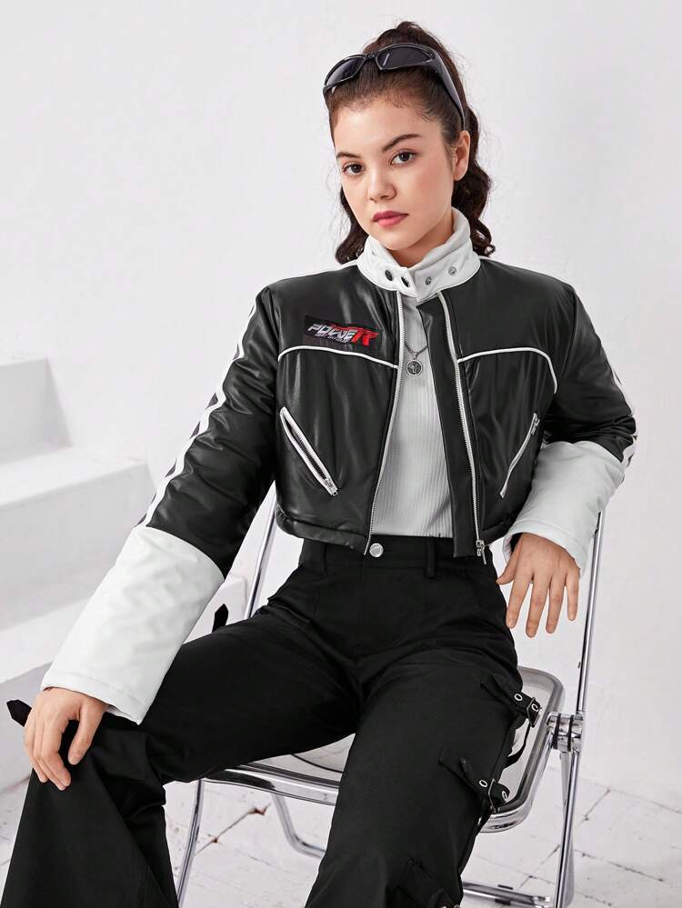 Teen Girl Zip Up Contrast Piping PU Leather Padded Coat