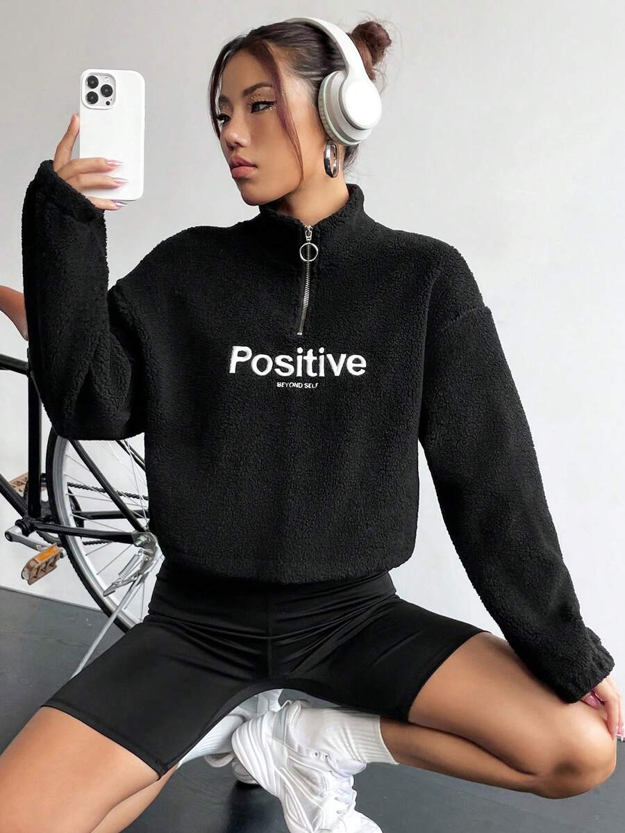 SHEIN Unity Loose Fit Letter Graphic Pullover Sweatshirt With Stand Collar And Half-Zip, Fashionable And Versatile - Black - View 1