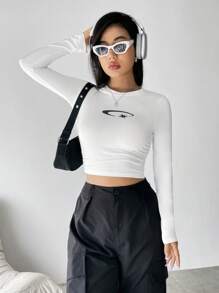 SHEIN Unity Geo Print Crop Tee Graphic Tees Women Tops - White - View 1