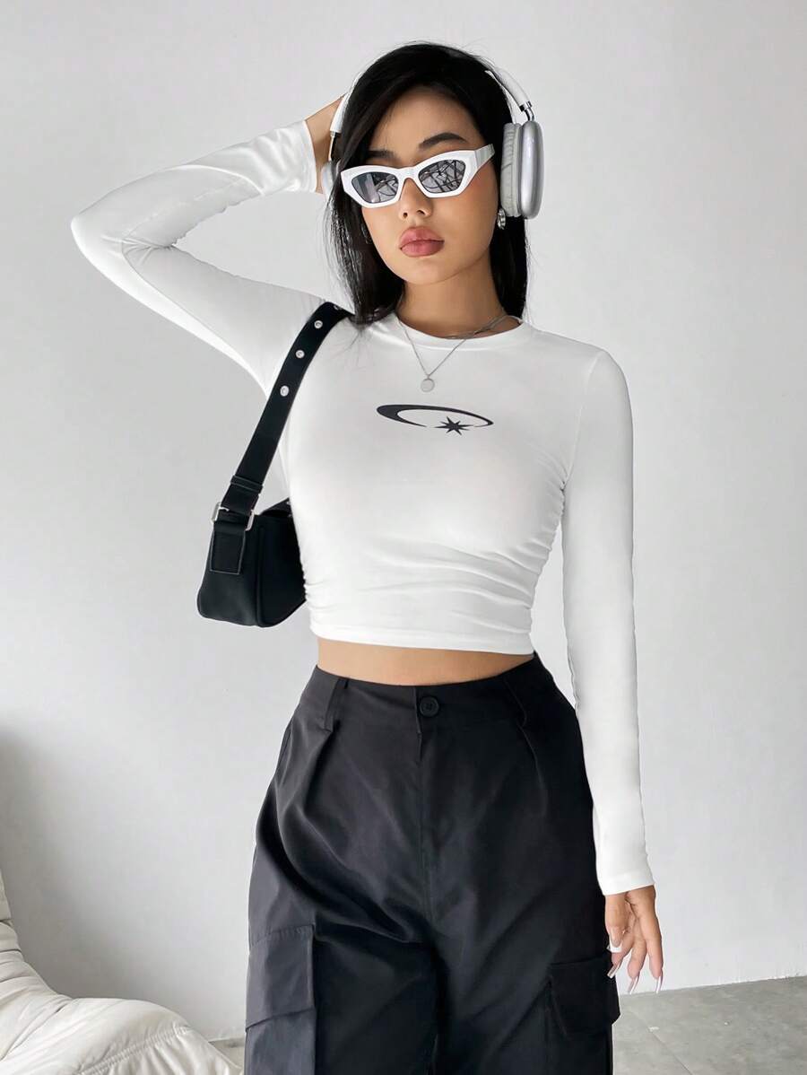 SHEIN Unity Geo Print Crop Tee Graphic Tees Women Tops - White - View 1