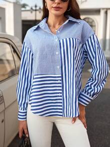 SHEIN LUNE Striped Print Drop Shoulder Shirt - Blue - View 2