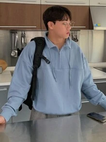 DAZY Nam Một nửa khóa kéo Thả vai Áo nỉ - Màu xanh lam - Xem 2