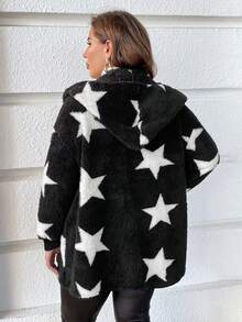 SHEIN LUNE Hơn Hình sao áo có mũ Áo khoác Teddy - Đen và trắng - Xem 2