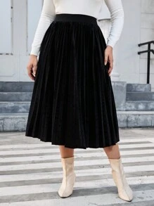 SHEIN Privé Talla grande Falda fruncido de talle alto de terciopelo - Negro - Ver 5