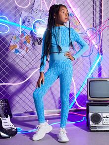 SHEIN 女大童滿版印花拉鏈開襟收復運動夾克&緊身打底褲 - 淺藍色 - 查看 4