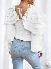 SHEIN Privé Nếp may phóng đại Cắt tỉa Tay áo lồng đèn Áo sơ mi Crop - trắng - Xem 2