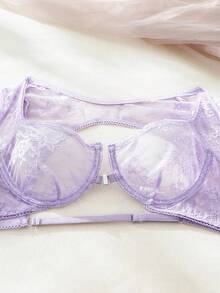 SHEIN Set de lencería con encaje floral con aro con liga - Morado - Ver 5