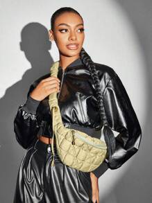 SHEIN SXY 女士們閒暇單肩包,折疊&幾何按圖案&拉鍊閉合&極簡,多功能 - 軍綠色 - 查看 1