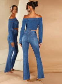 SHEIN BAE Off Shoulder Flap Pocket Denim Jacket - Medium Wash - View 4