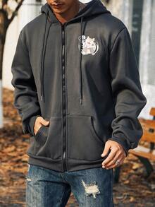 Manfinity Homme Nam Plus Đồ họa Hoạt hình Dây kéo Dây rút Hoodie - Xám - Xem 3