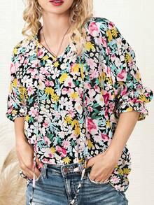 Allover Floral Print Batwing Sleeve Blouse - Multicolor - View 3